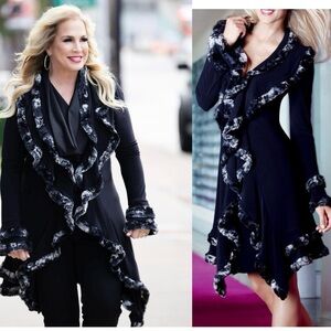 Joseph Ribkoff black ruffle faux fur trim duster cardigan Sz 6 open front